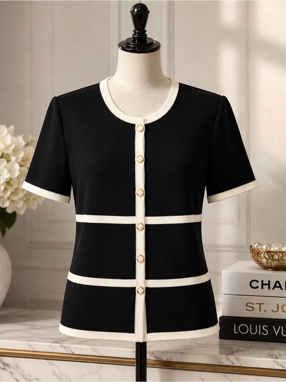 Vintage St. John Collection Marie Gray NWT Black White Knit Jacket Petite $460
